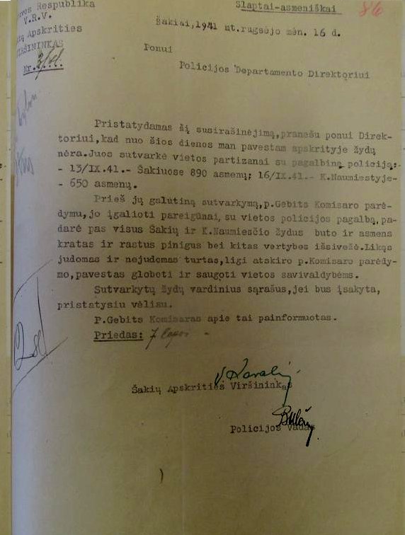 Brief des Chefs von Sakai Sakiai Massaker Holocaust Litauen